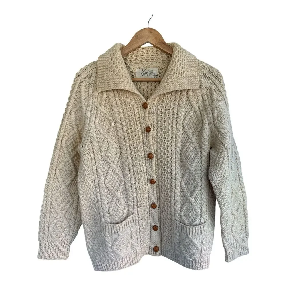 Kinvara Cream Button Front Virgin Wool Fisherman Handknit Irish Cardigan Chunky